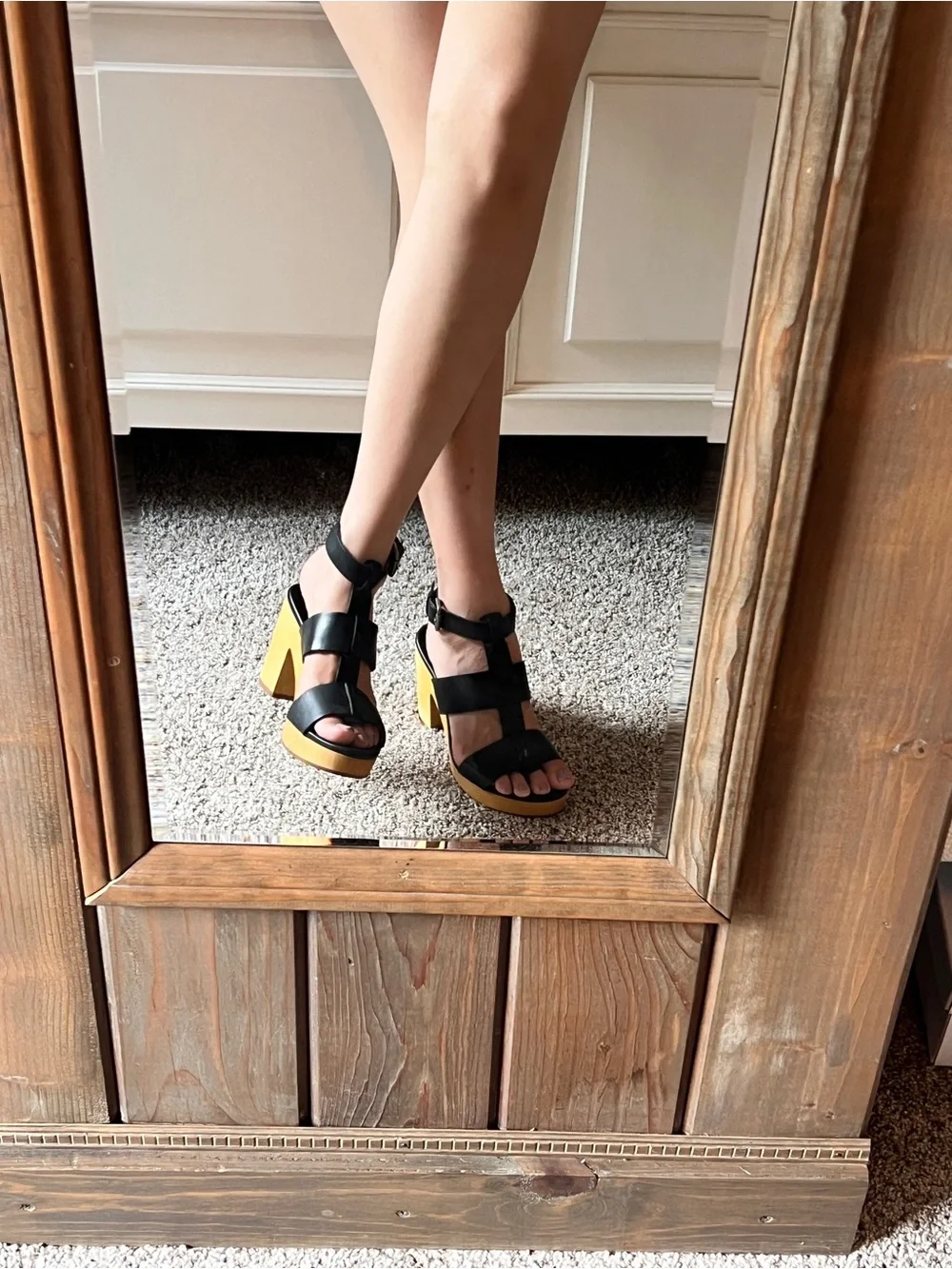 Black Leather Strappy Platform Sandals with Wood Heel